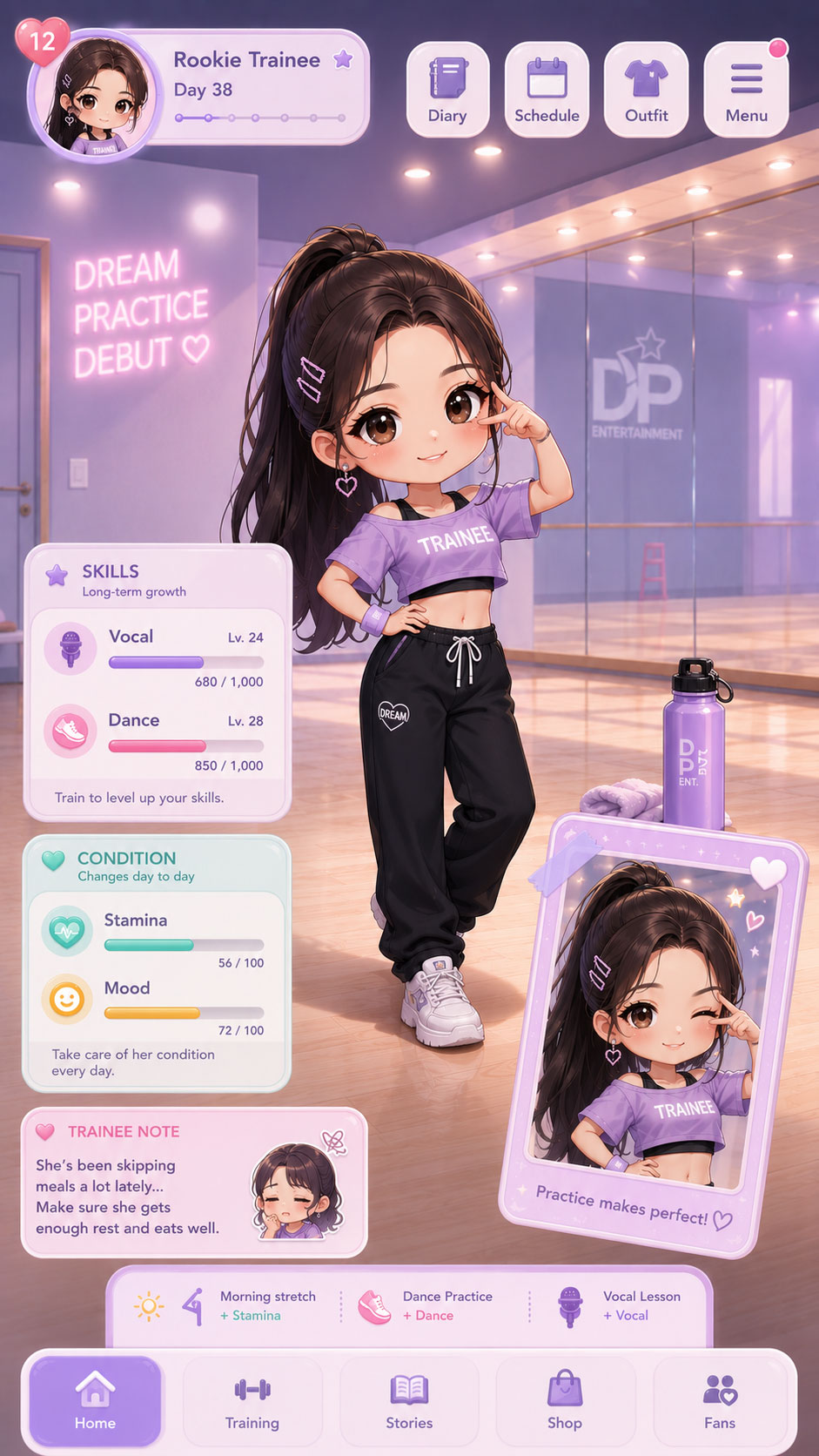 Debut Diary home screen — a trainee in the practice room with their skills and condition